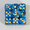 A set of ten blue acrylic dice with gold dots and marbled patterns.