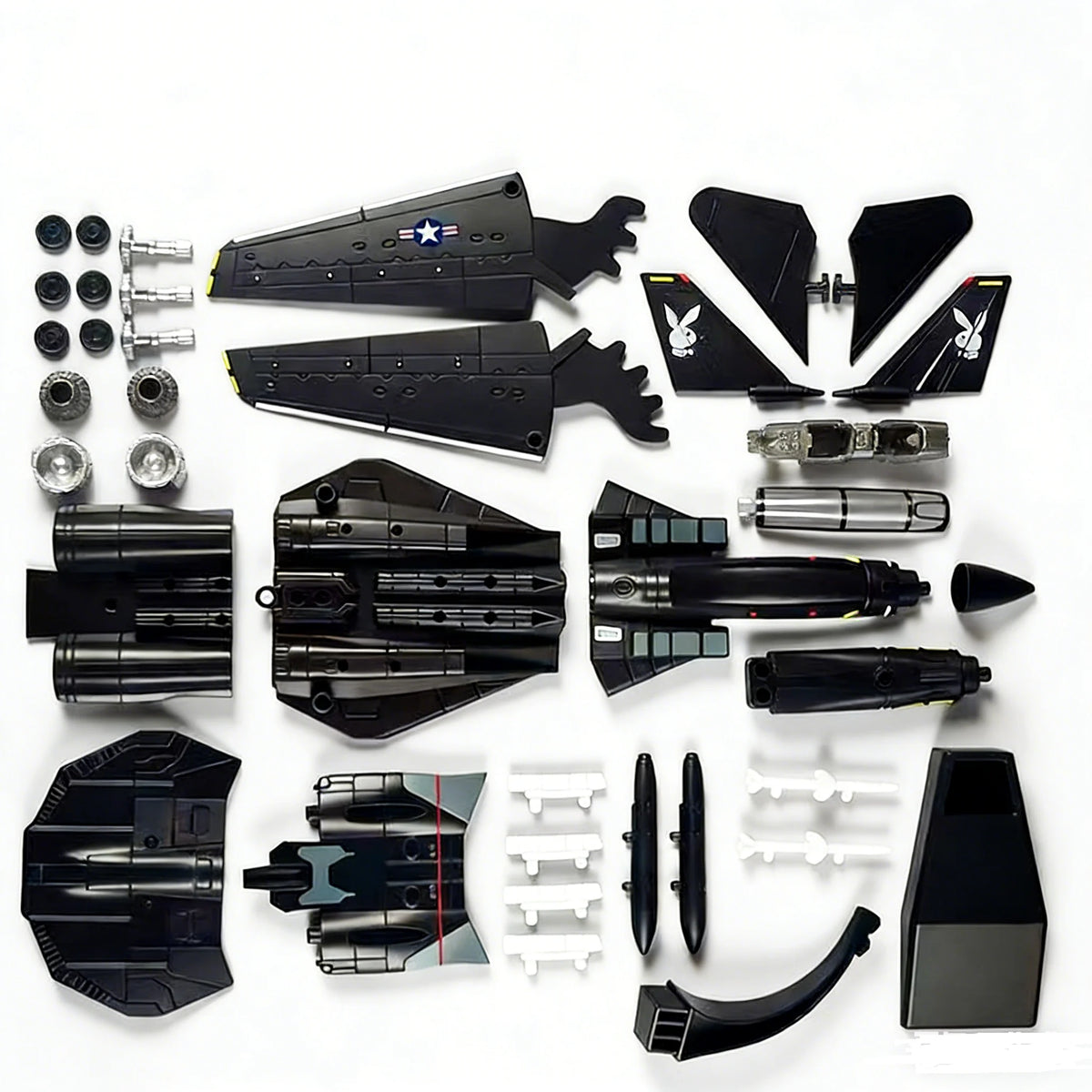 A collection of black military fighter jet building blocks, including models resembling the F14 Tomcat, SU57, and SU35.