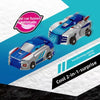 A blue and silver transforming dinosaur car toy with flashing lights shown in a promotional graphic.
