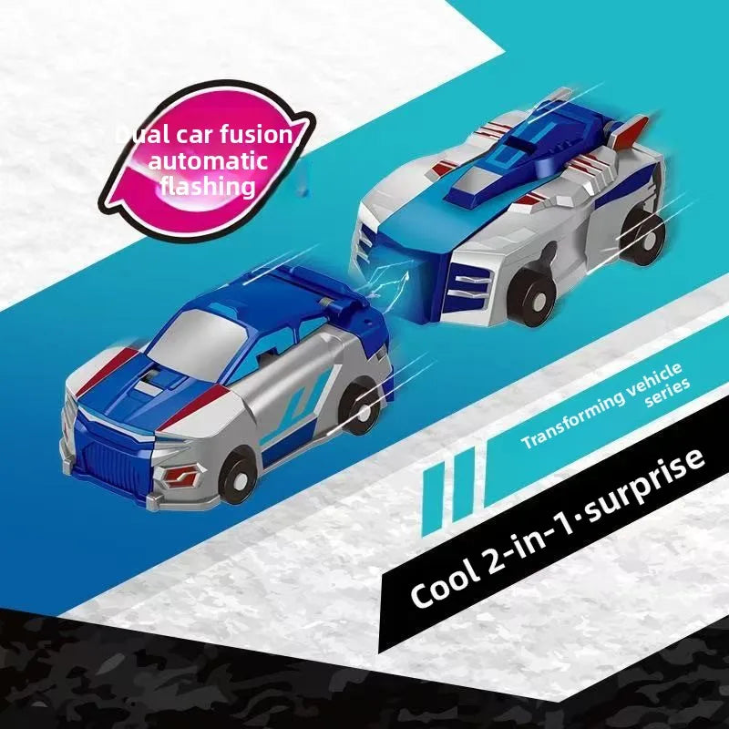 A blue and silver transforming dinosaur car toy with flashing lights shown in a promotional graphic.