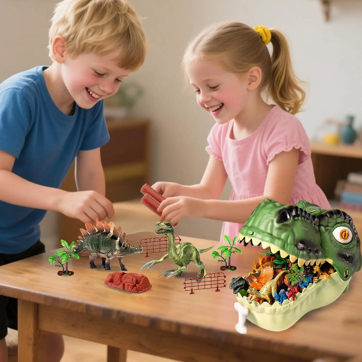 Deux enfants jouent avec un set de figurines de dinosaures deluxe de 46 pièces sur une table en bois.