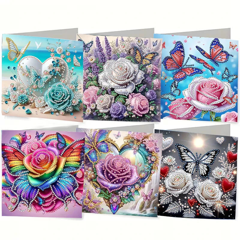 A set of diamond painting cards featuring colorful flowers and butterflies for birthday cards.