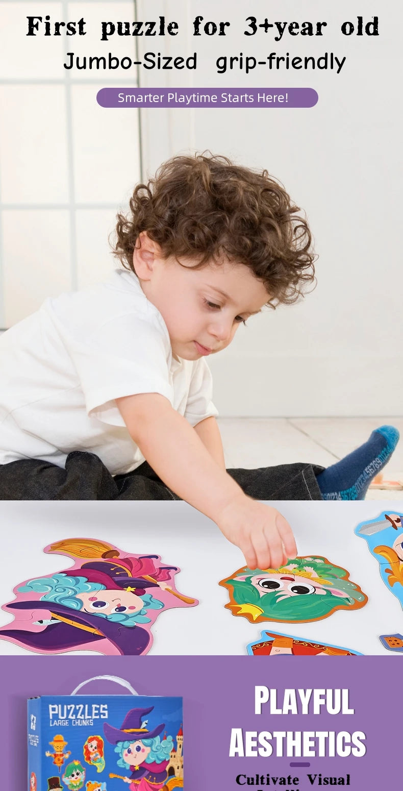 A child is playing with a jumbo-sized puzzle set featuring fairy tales and animals on a white surface.