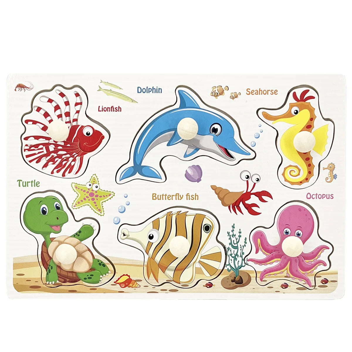 A colorful illustration featuring various sea and land animals like a dolphin, lionfish, turtle, and octopus, suitable for a 