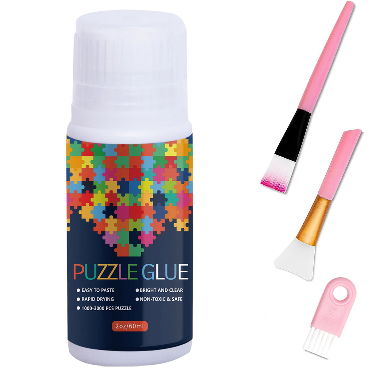 A bottle of puzzle glue with a pink sponge applicator and a white spatula shown against a white background.
