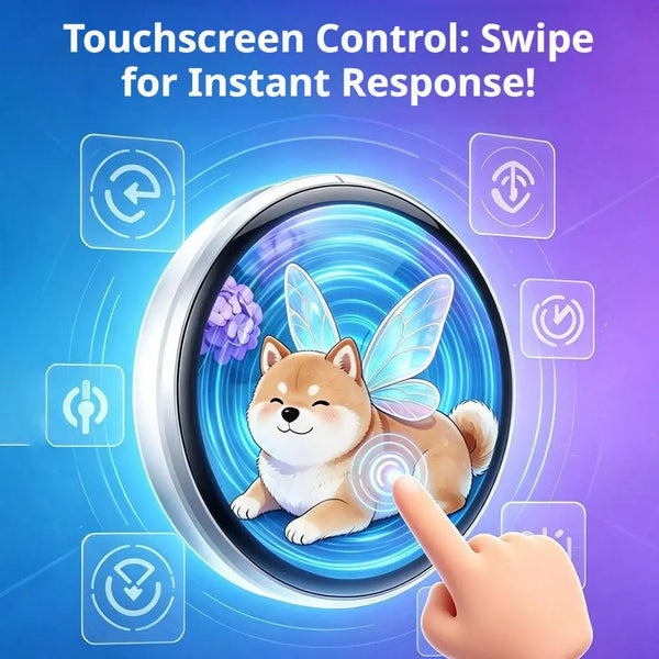 A paw-shaped digital pin badge featuring a cute fox puppy with butterfly wings is shown on a touchscreen interface.