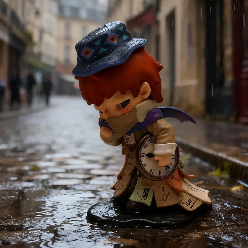 A collectible figure of a monster character with orange hair and a patterned hat standing on wet pavement.