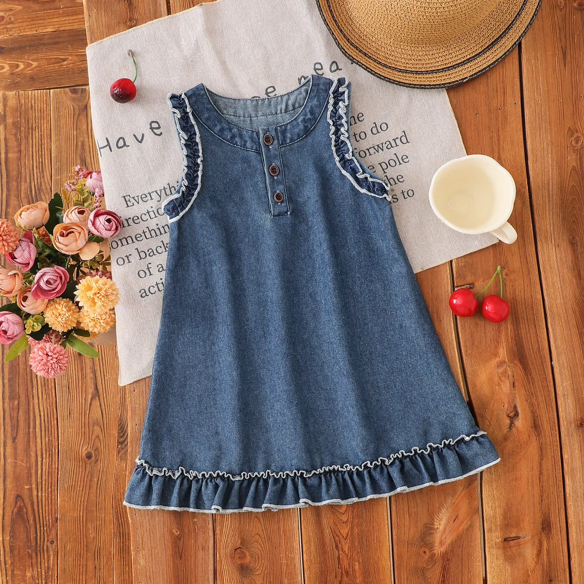 A navy blue denim sleeveless dress for a toddler girl with lace trim, resting on a wooden surface.