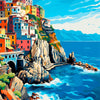 Vibrant painting of a colorful seaside town built on cliffs overlooking the deep blue ocean under a bright sky.