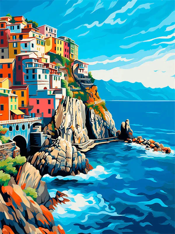 Vibrant painting of a colorful seaside town built on cliffs overlooking the deep blue ocean under a bright sky.