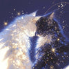 A close-up of two fluffy cats with sparkling light effects against a dark blue background.