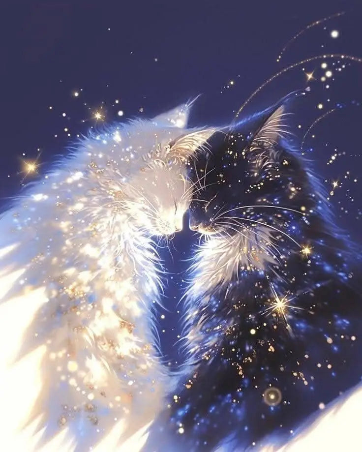 A close-up of two fluffy cats with sparkling light effects against a dark blue background.