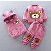 Pink kids winter fleece sweater set with cartoon bear designs for a child