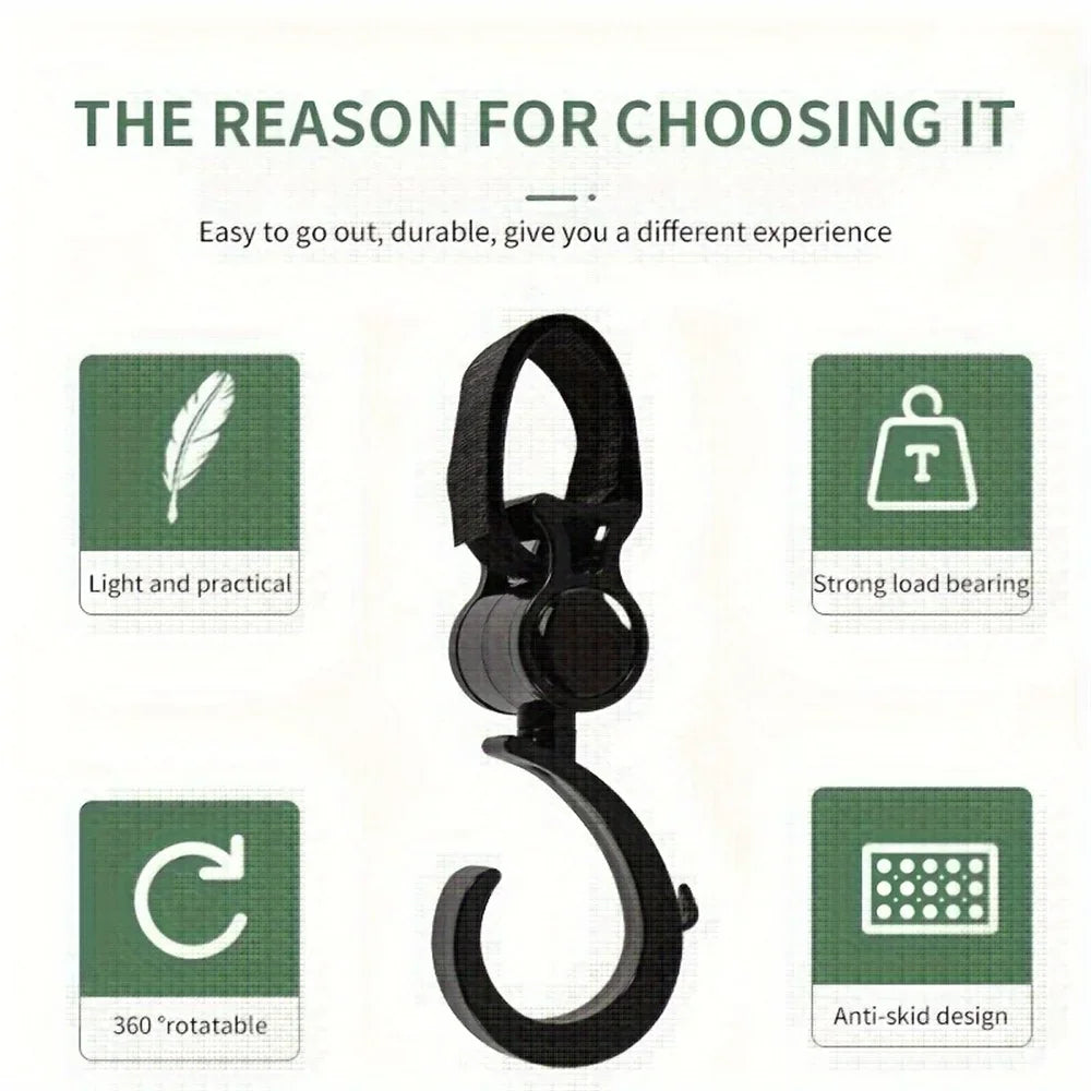 A black 360-degree rotating stroller hook is shown with various features like light load bearing and an anti-skid design.