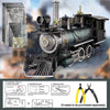 A detailed 3D metal steam locomotive model kit showing various parts and assembly instructions.