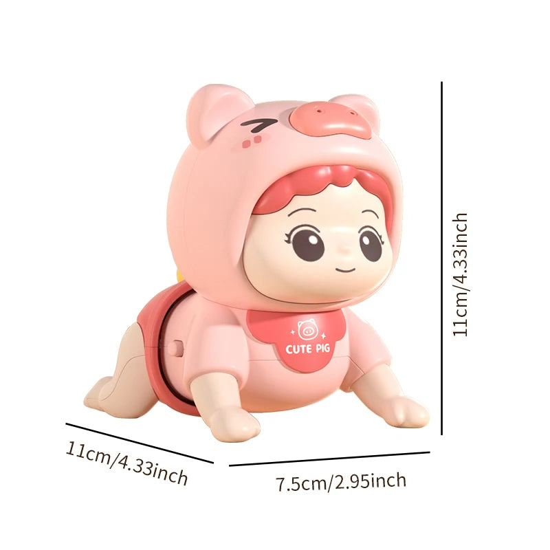 A pink plush toy resembling a pig with a hood and facial features, shown from the side.