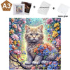 A detailed painting of a fluffy tabby cat surrounded by vibrant flowers, used as a wall-mounted jigsaw puzzle.