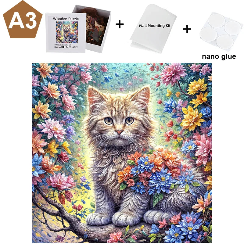 A detailed painting of a fluffy tabby cat surrounded by vibrant flowers, used as a wall-mounted jigsaw puzzle.