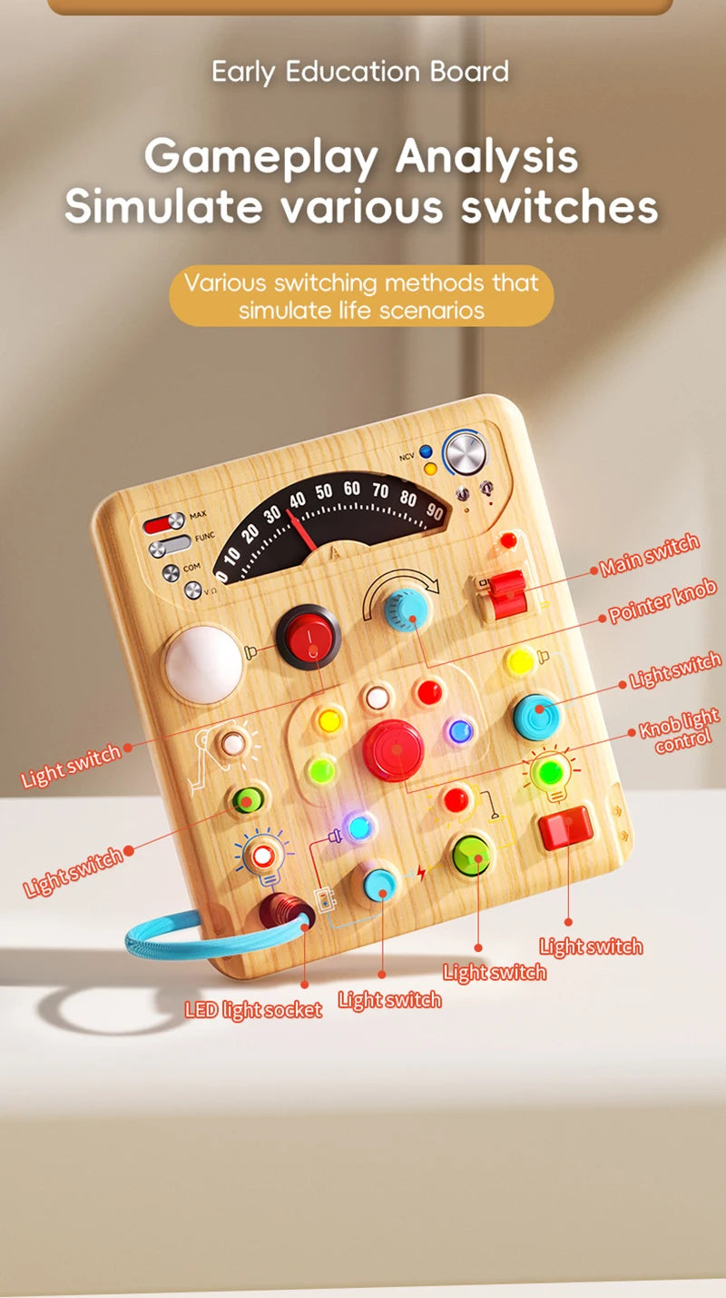 A wooden early education board featuring various switches, knobs, and lights for gameplay analysis.