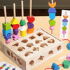 A wooden column intelligence box with various colored and shaped pieces for early education sorting activities.