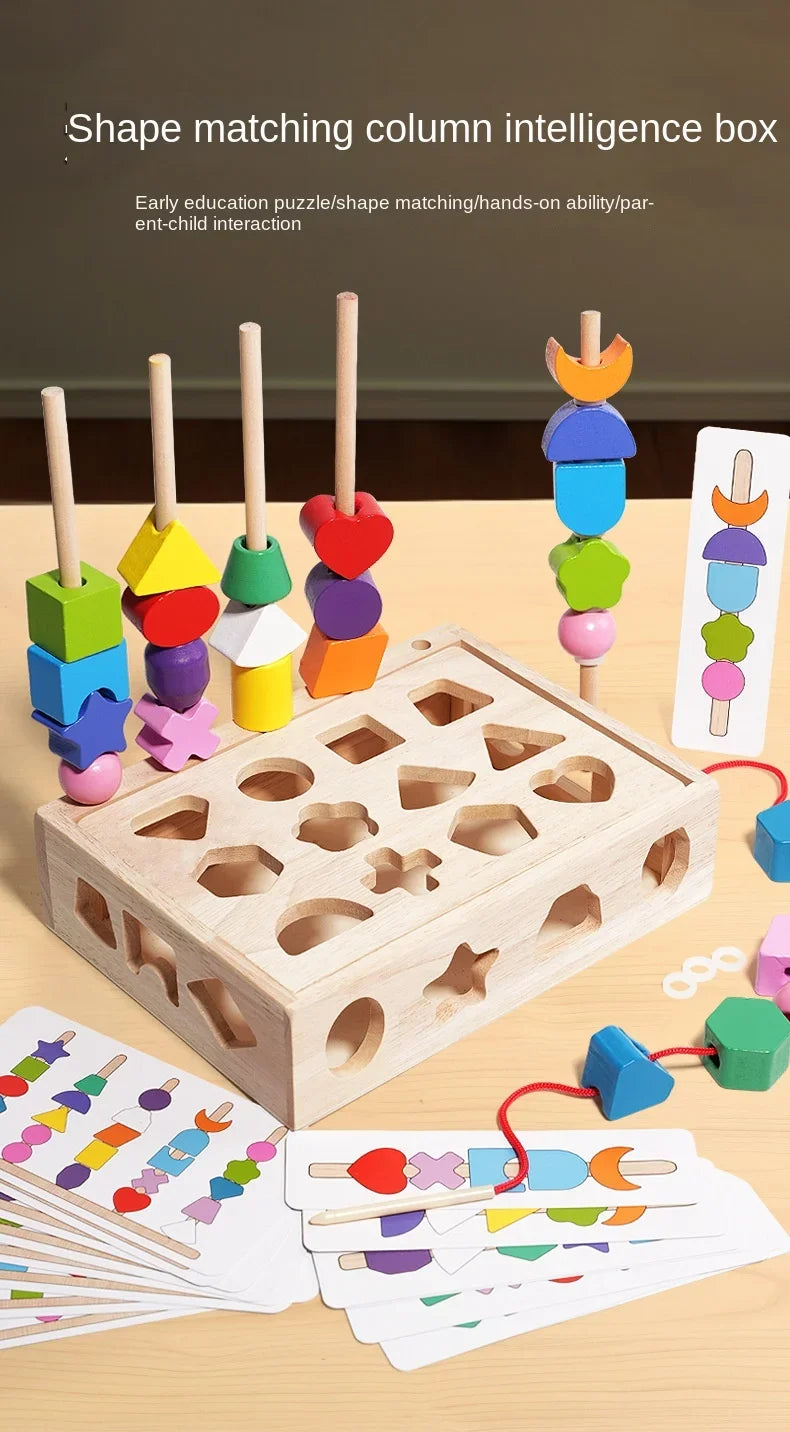 A wooden column intelligence box with various colored and shaped pieces for early education sorting activities.