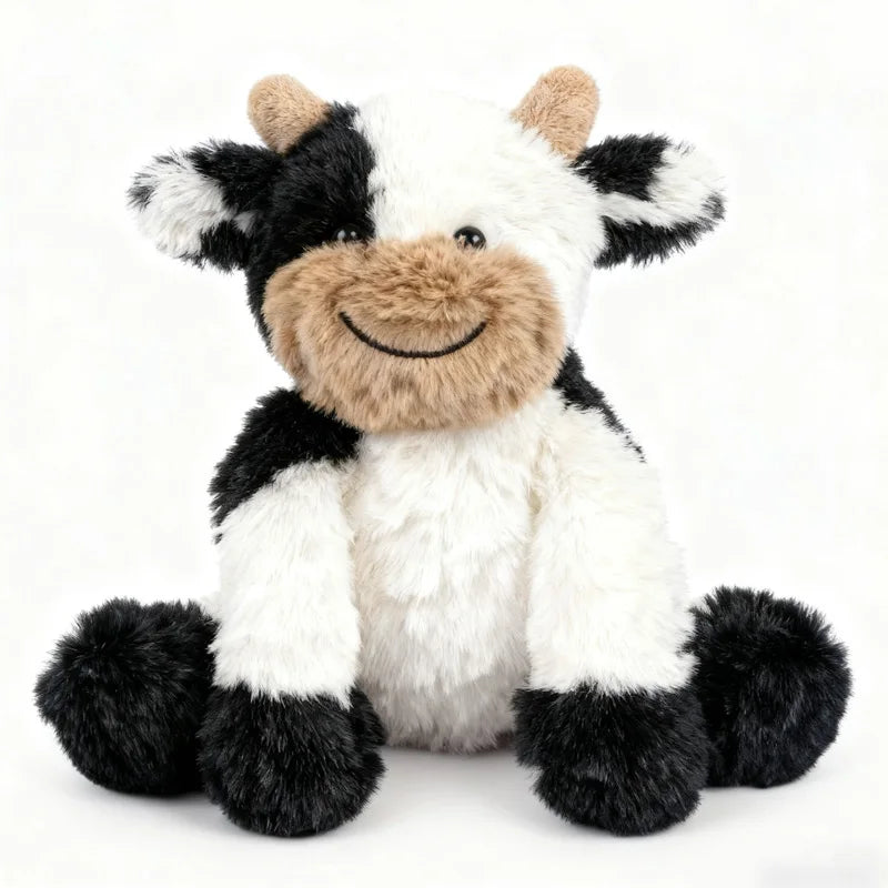 A plush toy of a cow with black and white markings, featuring soft fur and a smiling expression.