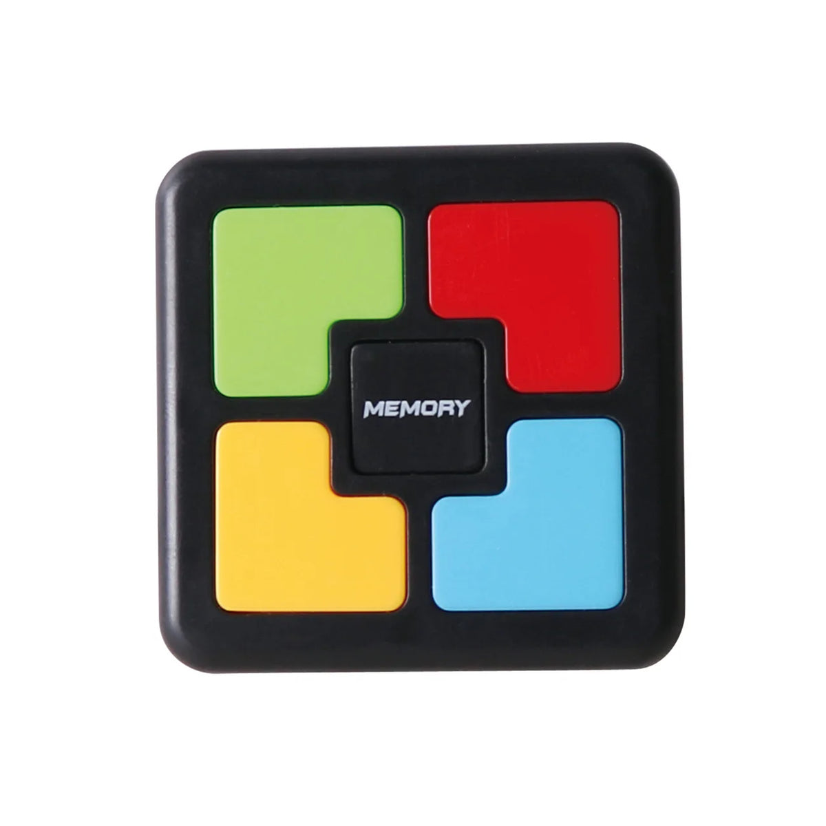 A black square memory game board divided into five colored quadrants: green, red, yellow, blue, and a central black square la