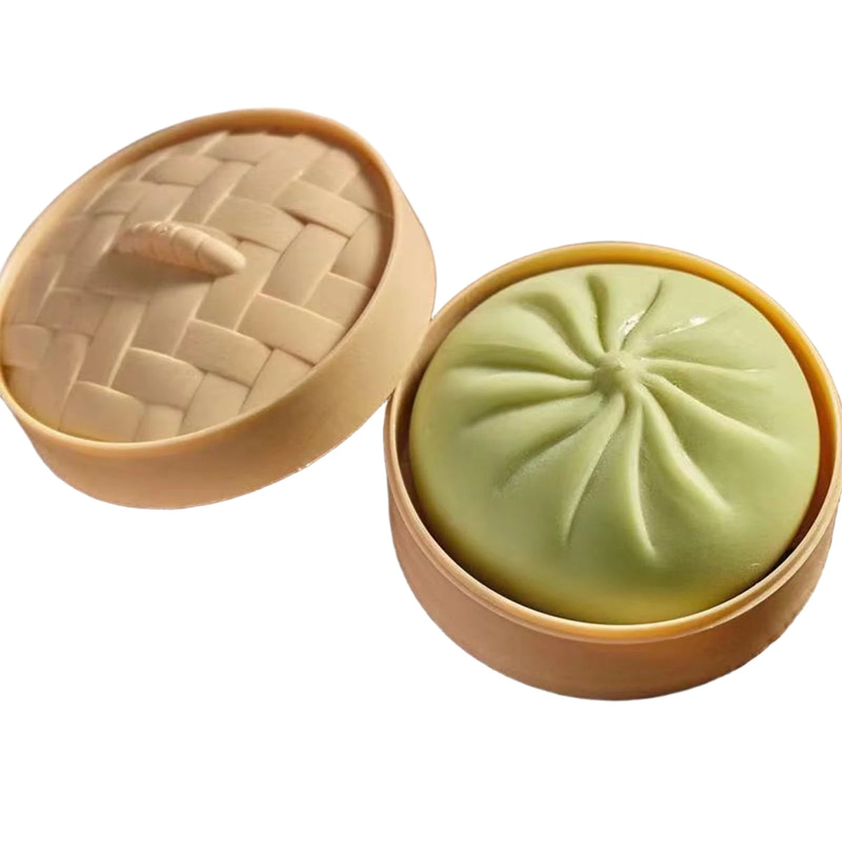 A light green squeeze toy in a round container with a woven lid.
