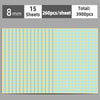 A sheet of round self-adhesive dot labels in light blue and yellow colors, packaged with specifications for 15 sheets totalin