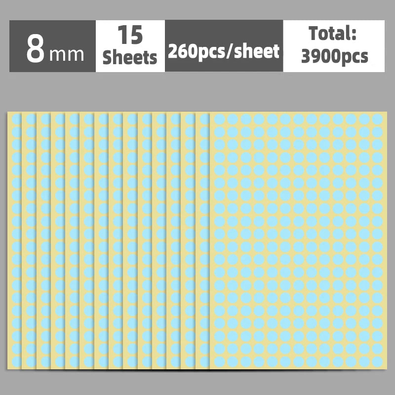 A sheet of round self-adhesive dot labels in light blue and yellow colors, packaged with specifications for 15 sheets totalin