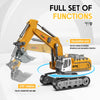 A yellow mini RC excavator is shown with an excavation arm and tracks, demonstrating its full set of functions.