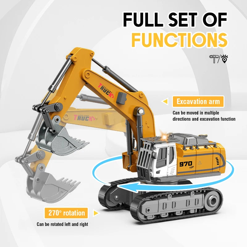 A yellow mini RC excavator is shown with an excavation arm and tracks, demonstrating its full set of functions.