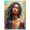 A vibrant oil painting portrait of an African woman with long dark hair and red lips.