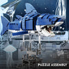 A blue mechanical shark puzzle assembly model built from LEGO-like blocks.
