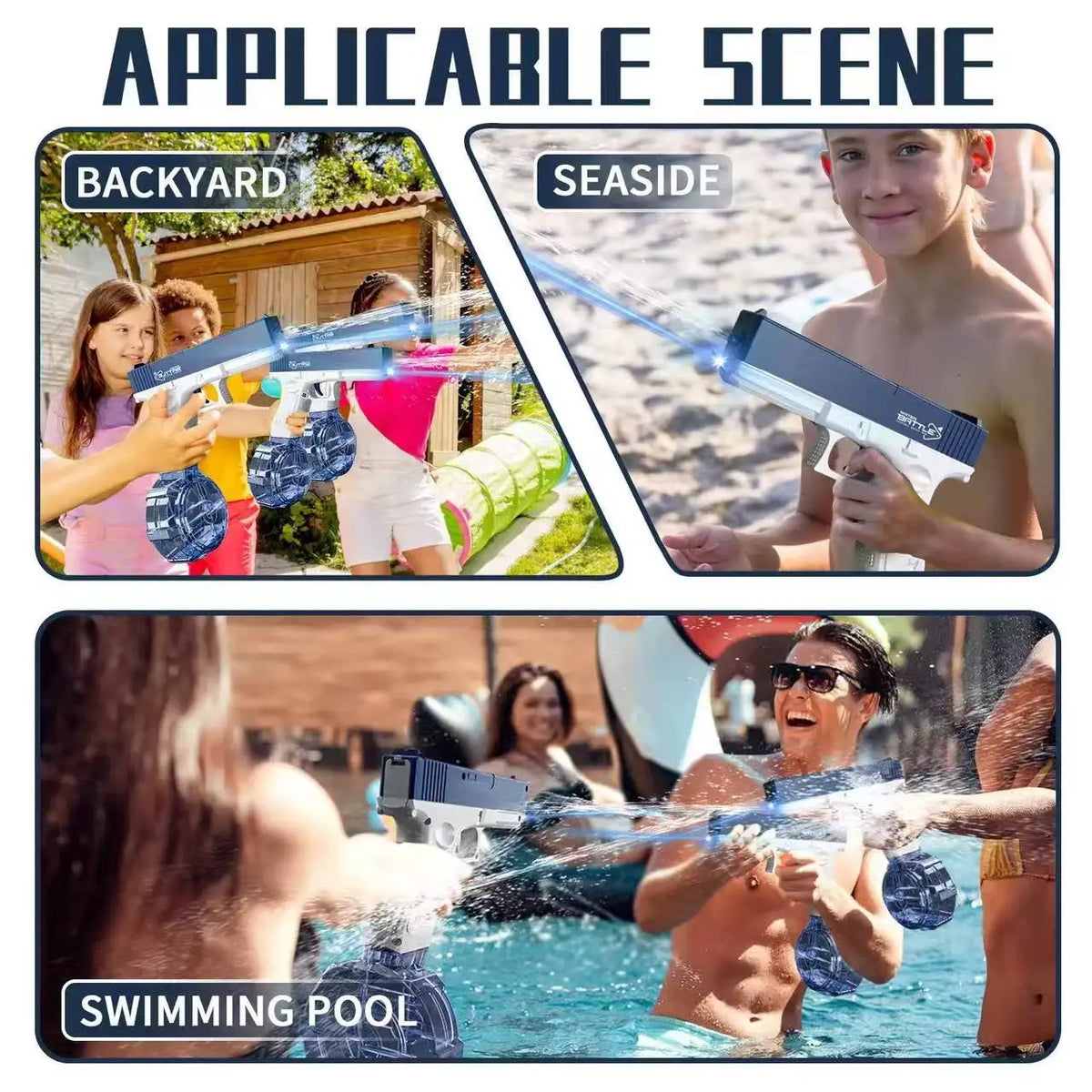 Electric automatic water gun being used in various outdoor scenes including a backyard, seaside, and swimming pool.