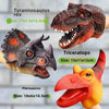 A collection of dinosaur hand puppets including Tyrannosaurus rex, Triceratops, and Pterosaurus.