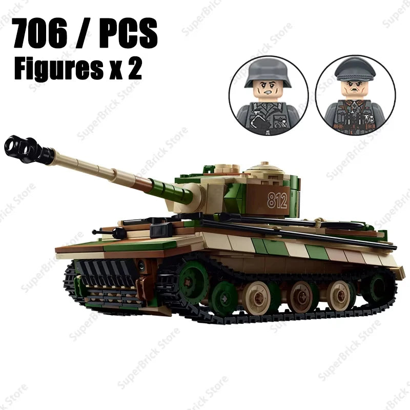 A detailed military vehicle kit of a Tiger I tank model built from LEGO bricks, featuring two minifigures.