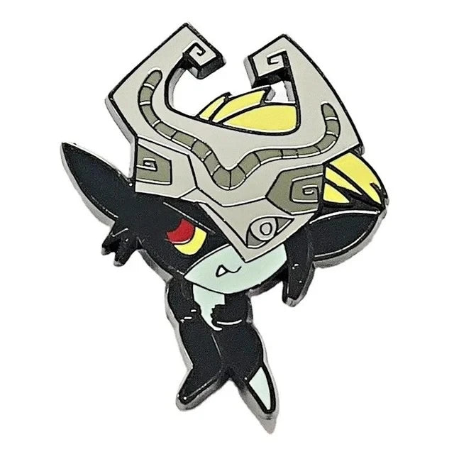 A set of enamel pins featuring a stylized cartoon character head with gray and yellow accents.