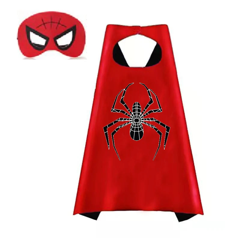 A red superhero cape and mask set featuring a Spider-Man design for kids dress-up.