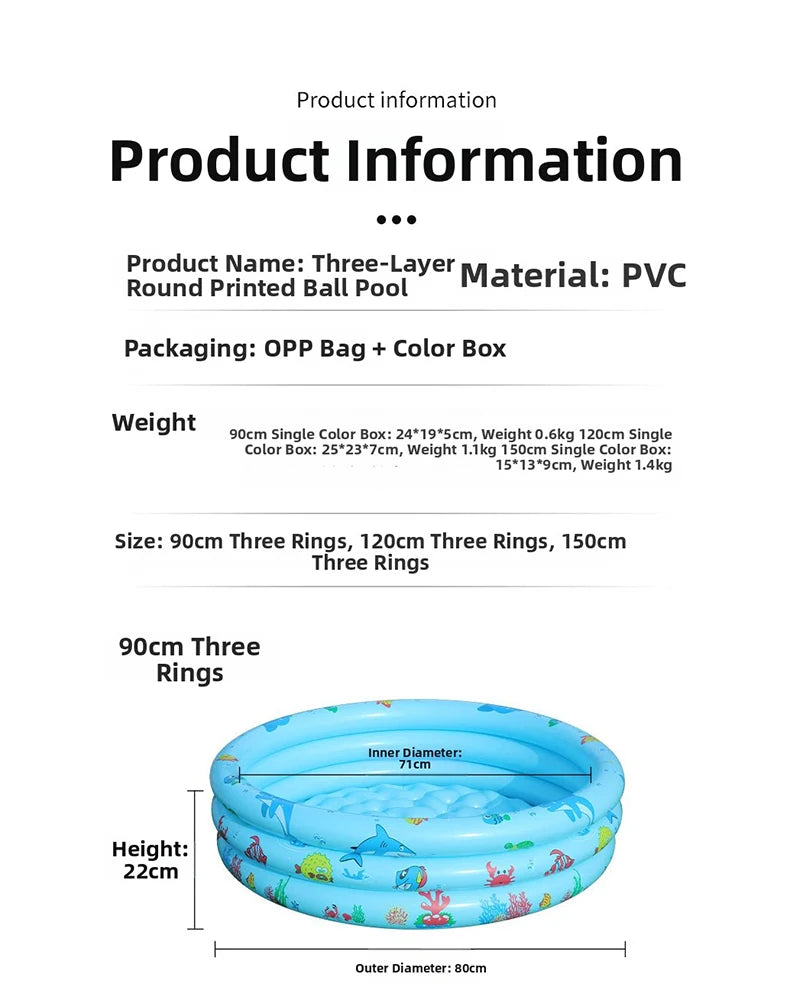 A blue inflatable ball pool with a cartoon design, showing various sizes of rings.