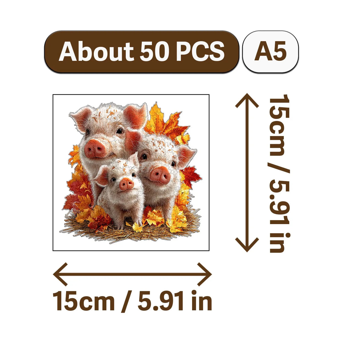 A wooden jigsaw puzzle showing about 50 pigs in an autumn setting.
