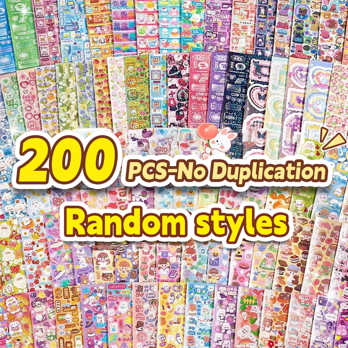 A large collection of 200 unique kawaii cartoon stickers in various styles and colors for DIY crafts and journaling