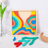 A wooden puzzle featuring colorful, wavy rainbow shapes for children's Montessori play.