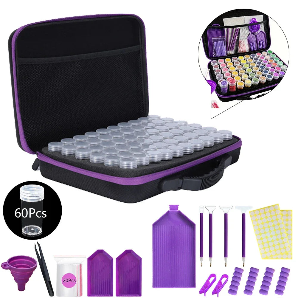 A purple diamond painting storage kit featuring a zippered case, silicone storage trays, and various painting accessories.