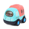 A pink and blue soft rubber push and go friction car toy for babies.