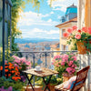 A watercolor painting of a sunny balcony view with lush pink and green foliage and a small wooden table.