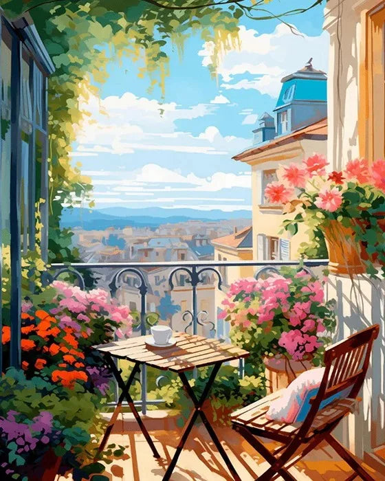 A watercolor painting of a sunny balcony view with lush pink and green foliage and a small wooden table.
