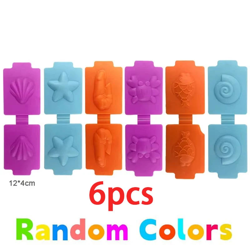 Set of six silicone dough tools for kids featuring various animal shapes, including a rolling pin and extruder in random colo