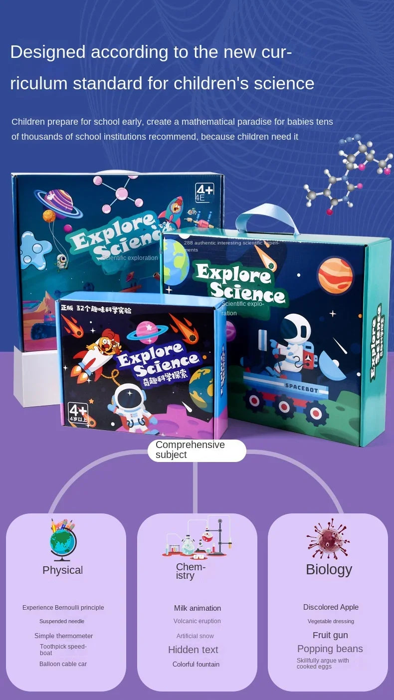 A box set of science experiment kits for children including physical, chemistry, and biology activities.