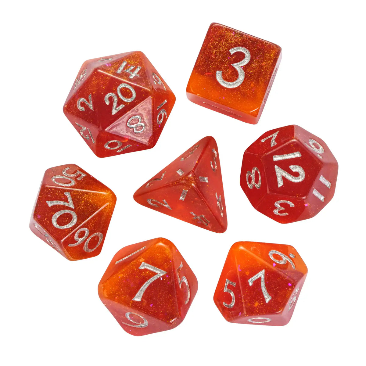 A set of red glitter resin polyhedral dice including a d6, d8, and d10.